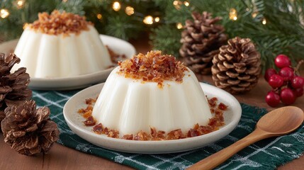 Creamy molded dessert portions are garnished with crumbled topping served on festive holiday settings