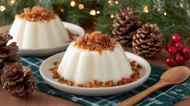 Creamy molded dessert portions are garnished with crumbled topping served on festive holiday settings - Powered by Adobe