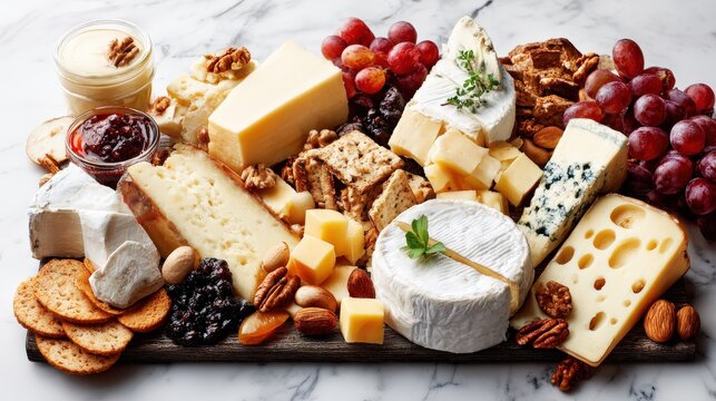 Plentiful assortment of various cheeses, fruits, nuts, and crackers arranged on a serving board