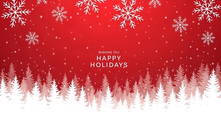 A festive red holiday background with falling snowflakes and snow-covered pine trees, wishing happy holidays.