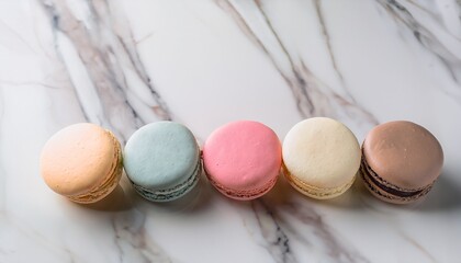 assorted pastel macarons are arranged in a neat line on a white marble surface showcasing a clean minimalist aesthetic perfect for dessert and bakery themes