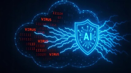 Futuristic image depicting an AI cloud security shield protecting against computer viruses and digital threats in a modern context. - Powered by Adobe
