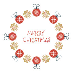 Christmas round frame with a Christmas tree bauble and a snowflake-shaped gingerbread cookie 
and the words Merry Christmas. Vector design.