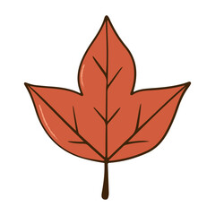 Illustration of a leaf with an orange color and brown veins, on a white background. Flat colors and a clean outline