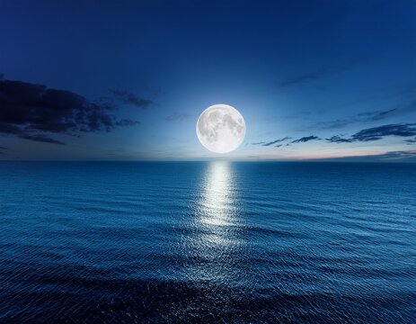 a stunning full moon shines brightly over the calm ocean waters during a tranquil night