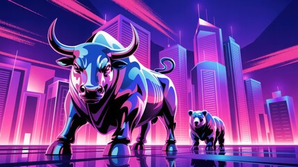 Financial concept with a bull and a bear symbolizing the market trends against the background of a modern city