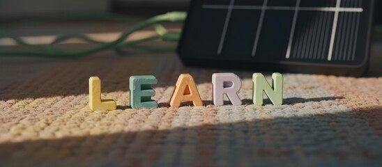 Retro alphabet tiles in sunlight with solar charger in background