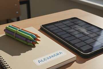 90s crayons and school notebook beside tablet with solar case