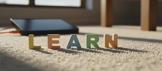 Retro alphabet tiles in sunlight with solar charger in background