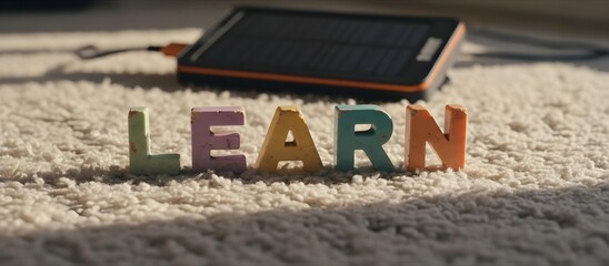 Retro alphabet tiles in sunlight with solar charger in background