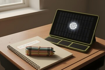 90s crayons and school notebook beside tablet with solar case