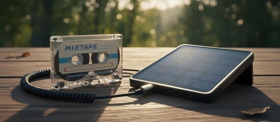 Vintage cassette plugged into portable solar charger on table