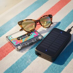 Retro cassette and sunglasses beside solar powerbank on beach towel