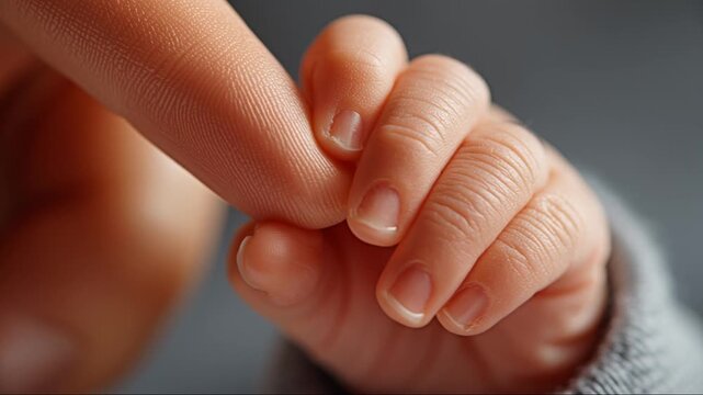 Special moment of a parent touching their newborn's tiny hand at home during a warm afternoon