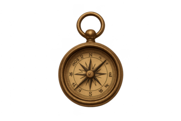 Vintage brass compass navigating direction on transparent background