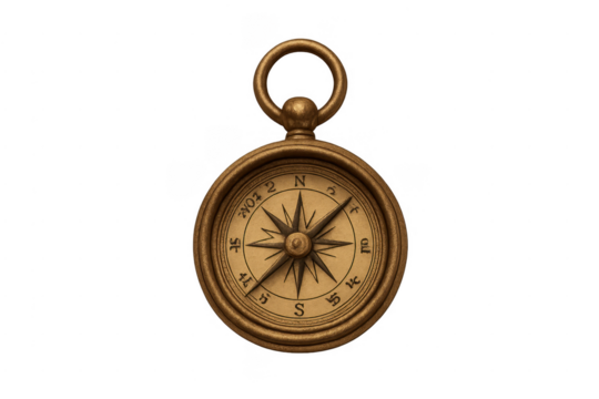 Vintage brass compass navigating direction on transparent background