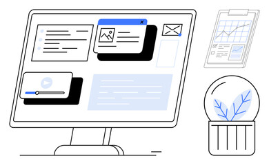 Desktop interface with text, video, email notifications, and graphs. Clipboard and plant symbolize eco-friendliness, organization, and productivity. Ideal for tech, sustainability innovation