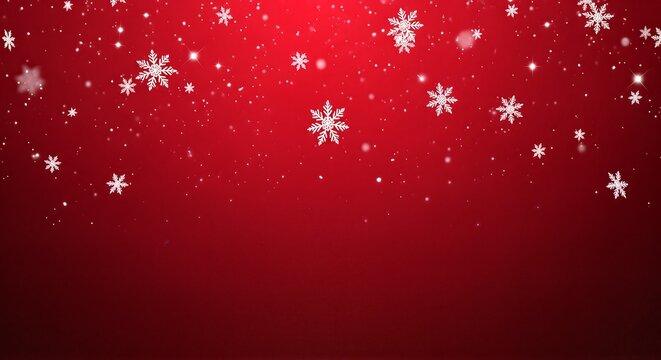 A vibrant red background with white snowflakes gently falling, creating a festive winter scene.