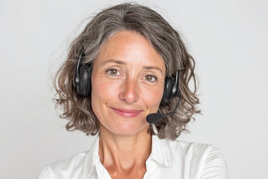 Smiling mature woman in headset on light background, customer support service representative