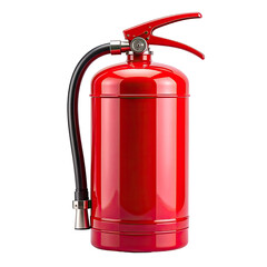 Obraz premium Red metal fire extinguisher with black hose on a black background