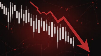 Financial downturn symbolized by a falling red arrow with candlestick charts in dark. The image conveys economic decline and market instability