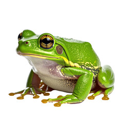 Obraz premium Bright green frog with big golden eyes sitting against black
