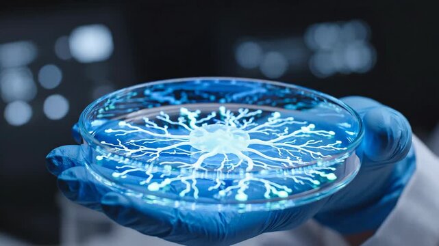 Macro shot of gloved hand examining petri dish with glowing neural network structure. Scientist adding blue solution via pipette in lab setting. Conceptual biotech and AI innovation footage for