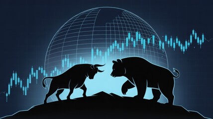 A conceptual image symbolizing the stock market with a bull and a bear in a trading environment. This striking image features the silhouette of a bull and a bear facing each other.