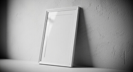 A white picture frame leaning against a textured wall in a monochrome setting indoors