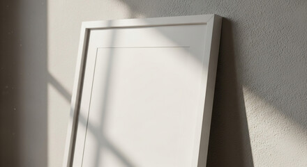 Close up of a white picture frame leaning against a wall with sunlight on it