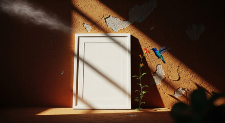 A white frame against a textured wall with a hummingbird and a flower in sunlight