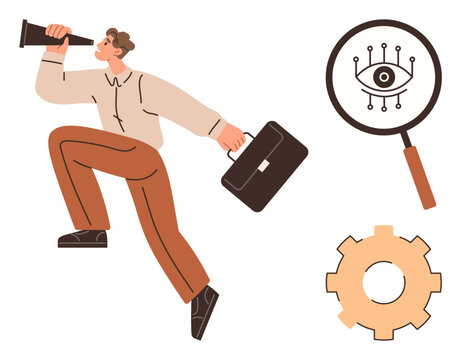 Man holding telescope and briefcase symbolizes planning and vision. Gear indicates strategy eye in magnifier suggests detailed analysis. Ideal for business planning, innovation, leadership, strategy