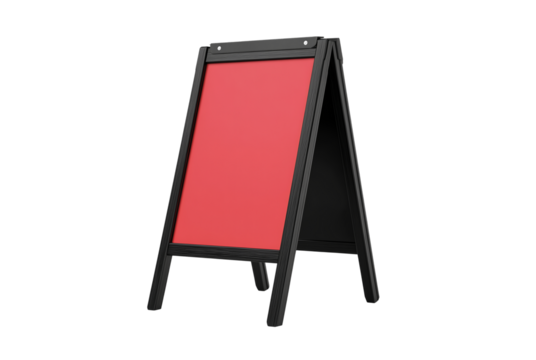 Blank red a frame sandwich board sign isolated on transparent background