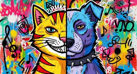 graffiti style split portrait, half ginger cat, half blue bulldog. Pop art elements, speech bubbles, music notes for pet shop branding, posters, album covers, apparel prints, modern wall art