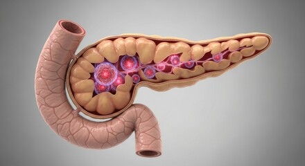Human pancreas organ anatomy section revealing dangerous internal malignant cancer tumor cells and serious digestive system disease for health awareness and medical education.