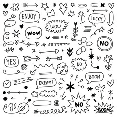 Hand drawn doodle elements arrows hearts stars speech bubbles and decorative elements collection 