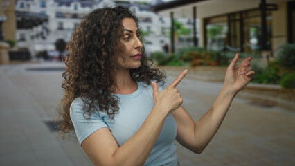 Woman finger pointing to an unseen object on an urban street with blurred background buildings and passersby; doubt.