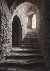 Obraz premium A photograph of ancient stone steps in a medieval castle, with arched windows on the sides and above them, subdued lighting, stone walls, old gray stones, soft shadows and warm tones. 