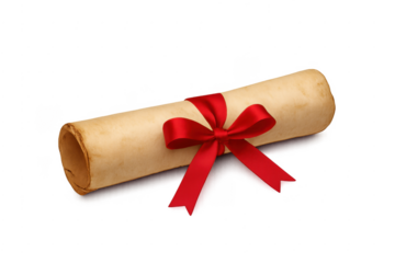 Rolled parchment diploma or certificate with red ribbon