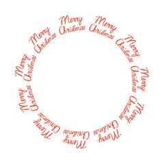 Handwritten by red crayon text Merry Christmas arranged in a circular frame Round border, hand drawn design element, party decoration, invitation template on transparent background Vector illustration