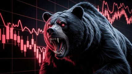 A fierce illustration of a bear with stock charts