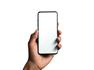 Hand holding a modern smartphone with a blank white screen isolated on transparent background