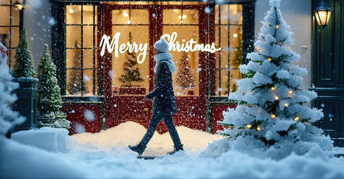 Winter scene depicts person walking toward decorated home. Snow falls gently, creating festive holiday atmosphere. Lights glow warmly.