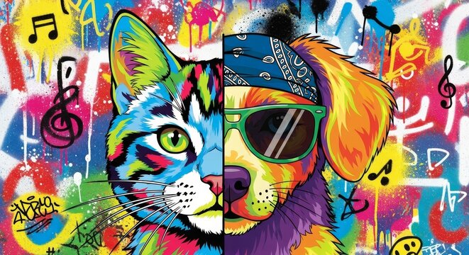 graffiti style split portrait, half ginger cat, half blue bulldog. Pop art elements, speech bubbles, music notes for pet shop branding, posters, album covers, apparel prints, modern wall art