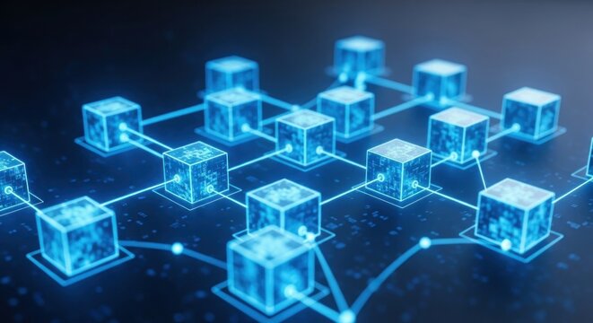 Abstract Blockchain Network of Glowing Blue Cubes Connected by Lines.
