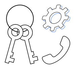 Two intertwined keys, a gear icon, and a phone receiver. Ideal for themes such as security, collaboration, access, mechanics, networking technology and communication. Simple flat metaphor