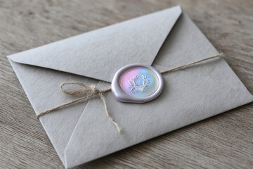 Elegant gray envelope with wax seal and twine on wooden surface