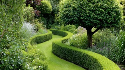 Fototapeta premium Lush green garden path curves through dense foliage and manicured hedges