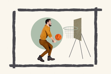 Trendy poster art pop collage of happy sportswoman sportsman throw basketball ball net competition game winner tournament