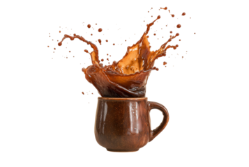 Dynamic coffee splash erupting from a mug isolated on transparent background